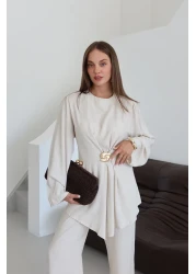 Laluvia Natural Gold Brooch Blouse Trousers Set - 8759