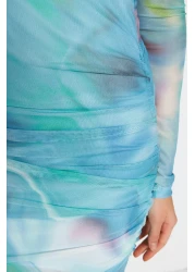  Collection Blue Patterned Draped Body Fitted Flexible Maxi Tulle Pencil Dress TWOSS23EL01799