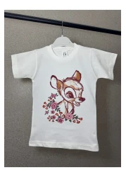 miniktavşanlarkids طقم تي شيرت وكابري لطيف للفتيات مصنوع من القطن بنسبة 100% بطبعة غزال - من عمر 1 إلى 10 سنوات