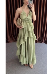 HAZELANNA فستان طويل متعدد الطبقات باللون الأخضر