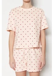  Collection Light Pink 100% Cotton Polka Dot and Heart Shorts Knitted Pajamas Set Thmss21Pt1485