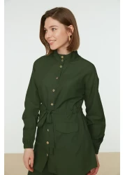  Modest Khaki Stand Collar Belted Shirt-Pants Woven Suit TCTSS21AU0247