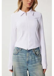 Happiness İstanbul White Polo Collar Zippered Women's Knitted Blouse - An00213