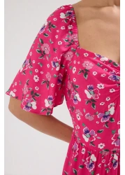  Collection فستان منسوج متوسط الطول بطبعة زهور وأكمام بالون وردي على شكل حرف A TWOSS20EL2323