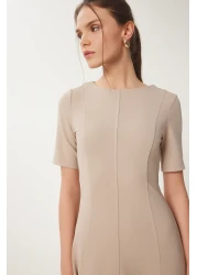 Happiness İstanbul Women Beige Flared Midi Summer Knitted Dress Zh00047