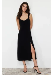  Collection Black Heart Collar Slit Straight Stretchy Knitted Midi Dress Twoss24El00412