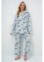 Trend Alaçatı Stili طقم بيجامة وقميص طويل وسروال من الساتان مطبوع رقميًا ومزين بتفاصيل أنابيب باللون الأخضر النعناعي PJM-X13913