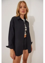 Happiness İstanbul Women's Black Back Buttoned Oversize Poplin Shirt DD01103