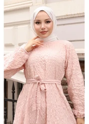 sefamerve فستان بحزام مطاطي بأكمام من قماش القطني 2020-03 مسحوق