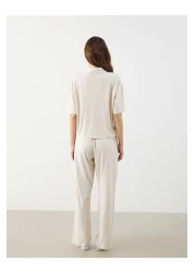 LC Waikiki طقم بيجامة نسائي بياقة قميص LCW Young Beige مطبوع عليه دب تيدي