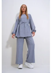 Trend Alaçatı Stili طقم بنطلون نسائي باللون الرمادي من Palazzo Tunic برقبة دائرية - ALC-X12299