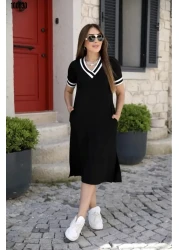 JANES فستان فيسكوز متوسط الطول بأكمام قصيرة ورقبة على شكل حرف V للنساء