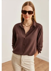 Olalook Women's Linen Shirt - Brown, Sleeve Folded, Gml- 19000825