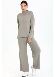 ALCHON ياقة واقفة، تفاصيل مخططة، سترة قصيرة من الأمام، طويلة من الخلف، خصر مرن، بنطلون مستقيم الساق، طقم تريكو مزدوج