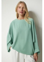 Happiness İstanbul Women's Aqua Green Bat Sleeve Flowy Ayrobin Blouse TO00084