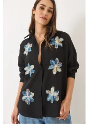 Bianco Lucci Women's Tulle Floral Accessory Long Sleeve Cotton Shirt 6526 60283057