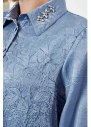  Collection Satin Woven Navy Blue Shirt and Trousers Set - Accessory Detailed TWOAW25AU00088