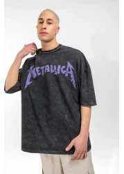 Sokak Butik Washed Metallica Purple Back Printed Black Unisex Oversize Tshirt