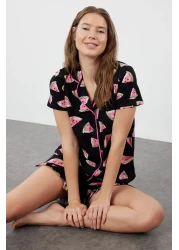  Collection Women Couple/Pair Black 100% Cotton Watermelon Patterned Frilly Shorts Knitted Pajamas Set Thmss21Pt0670