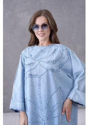 Miss Allos Women's Sequin Embroidered Wide Fit Long Denim Dress