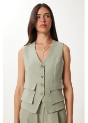 Happiness İstanbul Women's Green Linen Vest Palazzo Pants Suit Bv00126