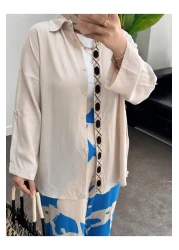 ASEL FASHİON طقم فيسكوز قطني مطرز باللون البيج والأزرق