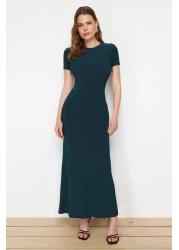  Collection Emerald Green Short Sleeve Fitted Crew Neck Flexible Knitted Maxi Pencil Dress TWOSS24EL00097