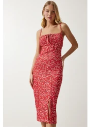 Happiness İstanbul Women's Red and White Floral Slit Summer Knitted Dress CI00029