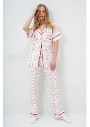 Trend Alaçatı Stili Women's Micro Floral Pomegranate Single Pocket Piping Detailed Cotton Shirt and Pants Pajama Set Pjm-X13898