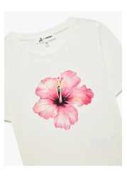 Koton تي شيرت قطني مطبوع عليه زهور بأكمام قصيرة وياقة دائرية