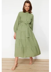  Modest Light Khaki Belted Chief Collar Button Detail Woven Dress TCTSS21EL3343