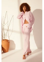  Collection بنطلون وردي 100% كتان عالي الخصر TWOSS24JE00243