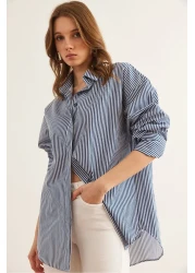 Olalook Women's Striped Navy Blue Hidden Placket Poplin Shirt Gml- 19000867