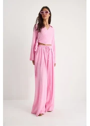 Bianco Lucci Women's V-Neck Lacing Detailed Blouse Pocket Detailed Elastic Waist Loose Trousers Suit 60283324