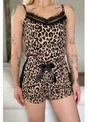 Pijamaevi Women's Brown Leopard Pegasus Lace Detailed Knitted Pajama Set with Rope Strap Shorts