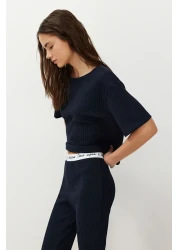  Collection Corduroy Pajama SeT - Navy Blue, Slogan PrinTed T-shirt and Trousers THMSS21PT1016