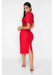  Collection Red Sleeve Detailed Woven Stylish Evening Dress Night Graduation Dress Tprss24El00119