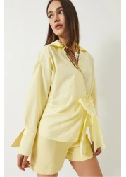 Bianco Lucci Women's Double Breasted Collar Side Tie Poplin Shirt 60283082