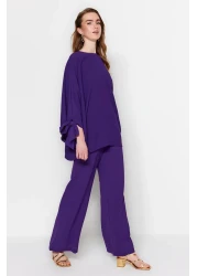  Modest Purple Bat Sleeve Woven Aerobin Tunic-Pants Set TCTSS23US00043