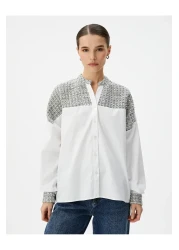 Koton قميص بوبلين بأكمام طويلة وياقة واقفة وتفاصيل من التويد وأزرار