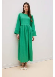 Defacto Crew Neck Long Sleeve Seersucker Textured Maxi Dress - Regular Fit E6597Ax25Sp