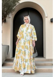 Aselim Hijap Moda فستان صيفي منقوش بالزهور من القطن باللون الأصفر