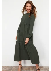  Modest فستان منسوج من القطن ذو قصة واسعة ومفصل باللون الكاكي TCTSS21EL3406