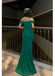 Mossta Low-Cut Stone Evening Dress Green | Off Shoulderoff Shoulder Dress with Rhinestone