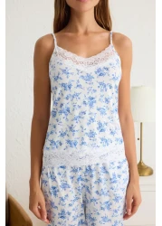  Collection طقم بيجامة محبوكة باللون الأزرق مع دانتيل زهور متعدد الألوان وتفاصيل شريط/قوس THMSS20PT0134