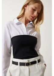 Happiness İstanbul Women's White Black Polo Neck Color Blocked Shirt Blouse AN00174