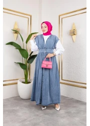 HARMAN BUTİK Women's V-Neck Buttoned Blue Denim Gilet