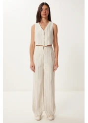 Happiness İstanbul Women's Cream Black Striped Linen Vest Pants Suit Bv00129