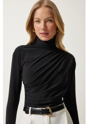 Happiness İstanbul Women's Black Gather Detailed High Collar Sandy Blouse FF00135
