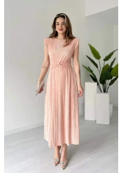 MODAMİNEM Women's Powder Pleated Lacing Detail Dress